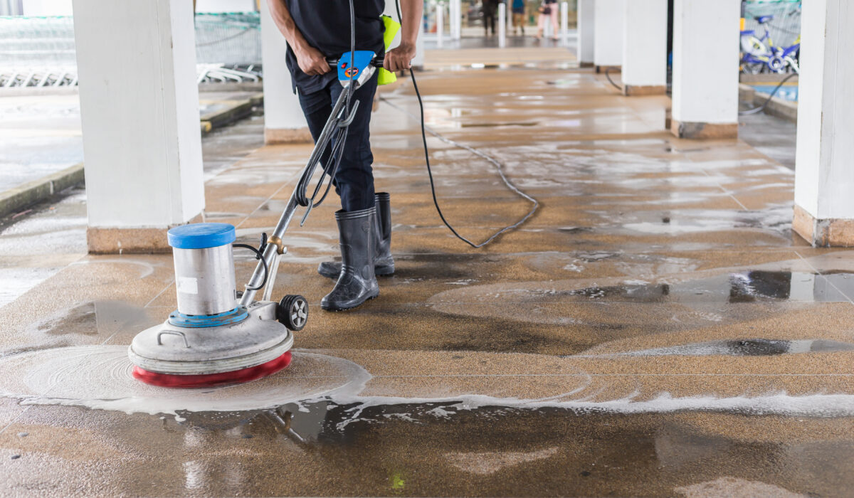 Asian,Worker,Cleaning,Sand,Wash,Exterior,Walkway,Using,Polishing,Machine
